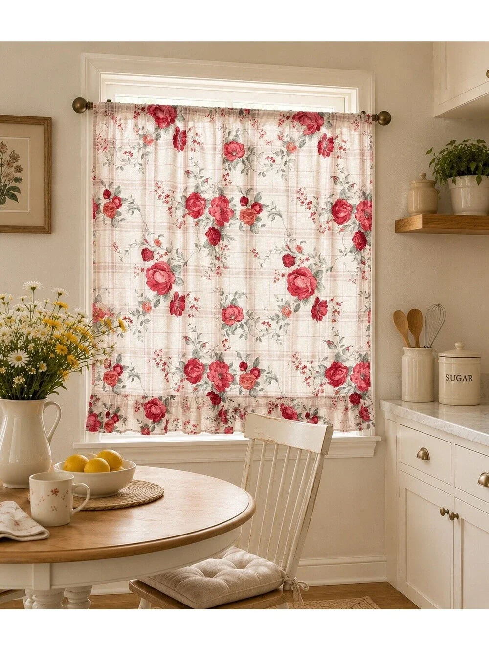 Vintage 1990s Curtain Valance Rose Chintz Plaid Ruffled, 29x33.5”